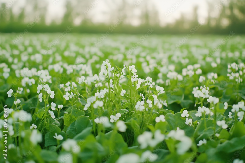 Lush Green Field of White Flowers Under Soft Morning Light in Nature's Beauty Lush Green Field of White Flowers Under Soft Morning Light in Nature's Beauty