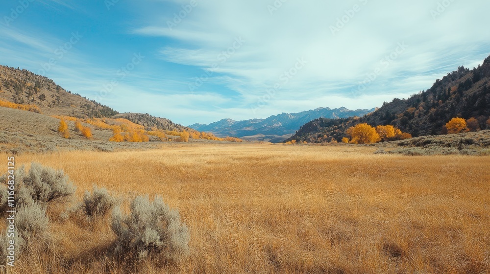 Autumn landscape featuring dry grass meadows and colorful foliage against mountain backdrop under a clear blue sky.