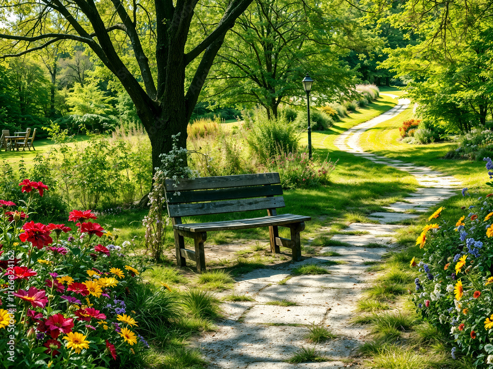 Beautiful garden path with colorful flowers and a wooden bench under lush green trees. Generative AI Beautiful garden path with colorful flowers and a wooden bench under lush green trees. Generative AI