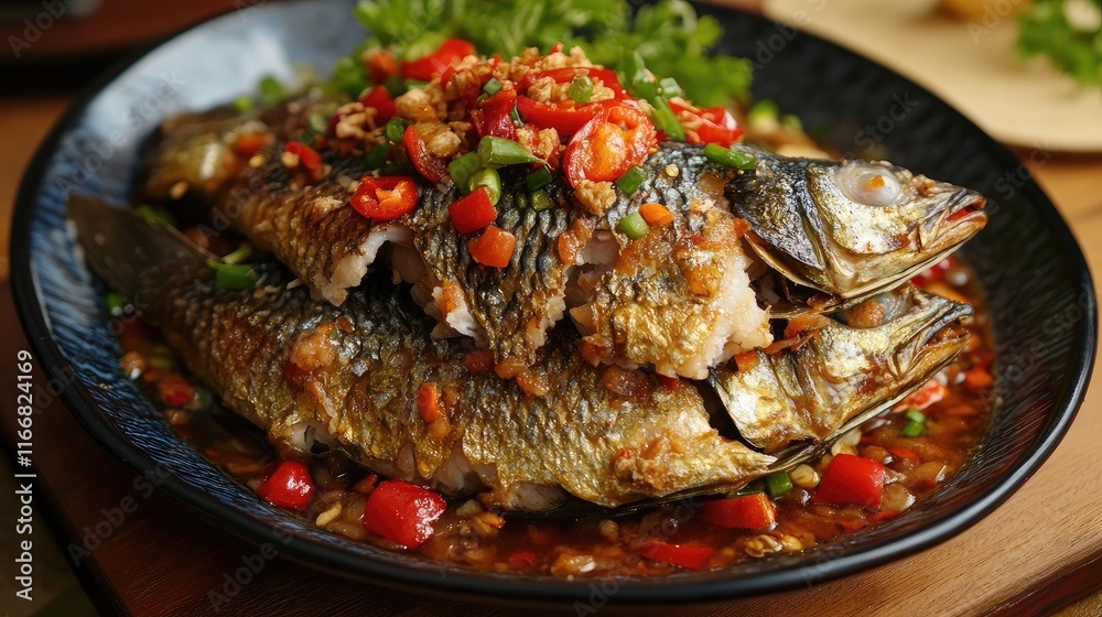 Crispy catfish stir fry with fresh vegetables and spices served on a traditional plate, showcasing vibrant local cuisine flavors. Crispy catfish stir fry with fresh vegetables and spices served on a traditional plate, showcasing vibrant local cuisine flavors.