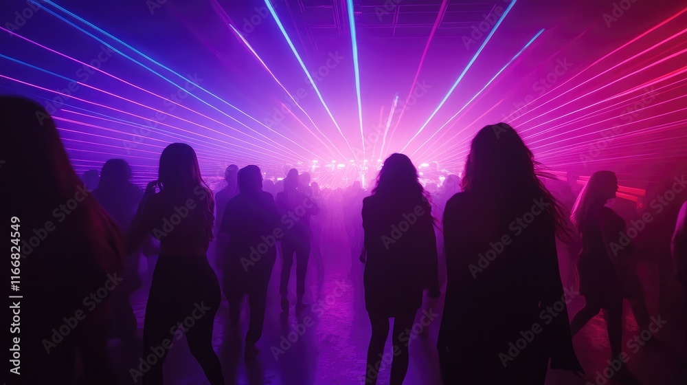 Crowd Silhouettes at Concert with Colorful Laser Lights in a Lively Atmosphere Crowd Silhouettes at Concert with Colorful Laser Lights in a Lively Atmosphere