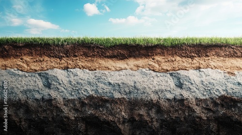 Cross section of layered soil with detailed composition and structure for construction analysis in a natural landscape setting.