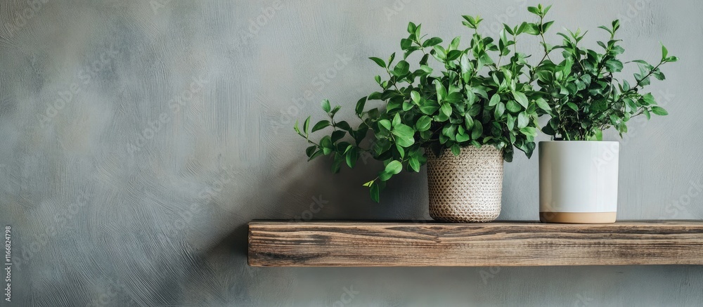 Decorative houseplants on a rustic wooden shelf adding charm and greenery to modern interior decor Decorative houseplants on a rustic wooden shelf adding charm and greenery to modern interior decor