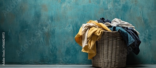 Laundry basket overflowing with colorful dirty clothes against a rustic textured wall showcasing household organization and cleanliness ideas. photo