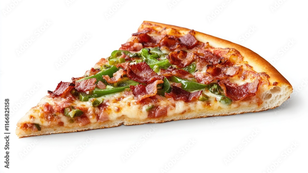 Savory pizza slice topped with crispy bacon and fresh green peppers against a white background Savory pizza slice topped with crispy bacon and fresh green peppers against a white background