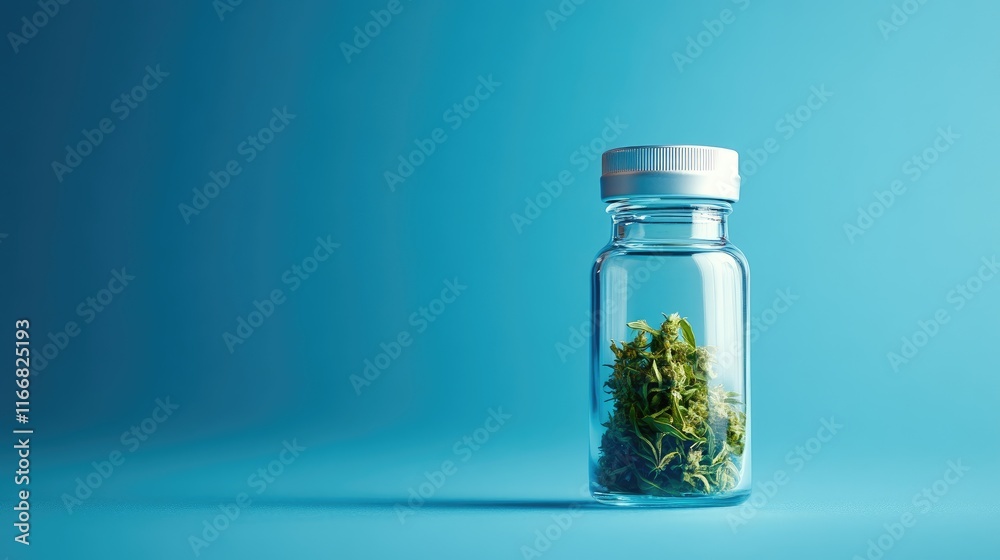 CBD oil vial with cannabis leaves on blue background showcasing medical treatment and marijuana legalization concept in a vertical composition. CBD oil vial with cannabis leaves on blue background showcasing medical treatment and marijuana legalization concept in a vertical composition.