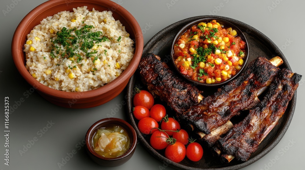 Grilled mutton ribs with corn porridge cheese sauerkraut and pickled tomatoes served on clay plates against a gray background Grilled mutton ribs with corn porridge cheese sauerkraut and pickled tomatoes served on clay plates against a gray background