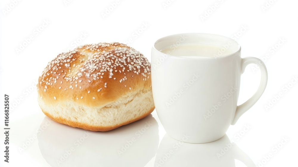 Crispy sesame bun beside a white milk mug isolated on white background ideal for food photography and culinary themes Crispy sesame bun beside a white milk mug isolated on white background ideal for food photography and culinary themes