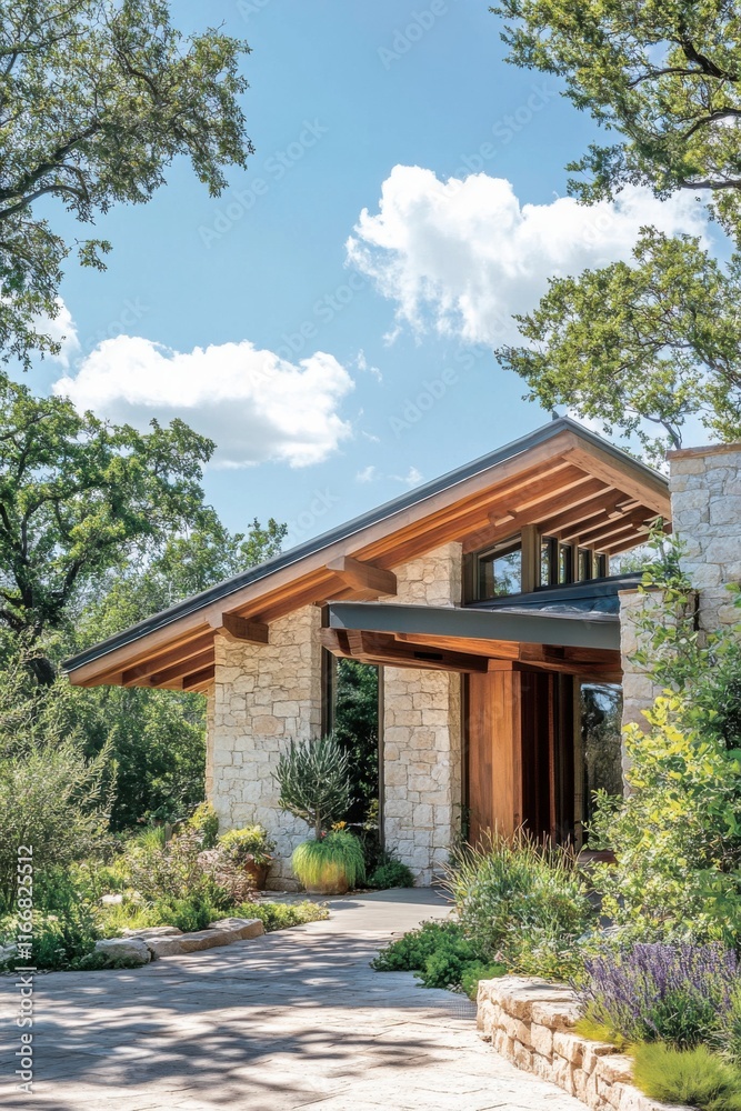 A contemporary stone house greets visitors at its entrance, which is framed by vibrant green foliage under a brilliant blue sky on a sunny day A contemporary stone house greets visitors at its entrance, which is framed by vibrant green foliage under a brilliant blue sky on a sunny day