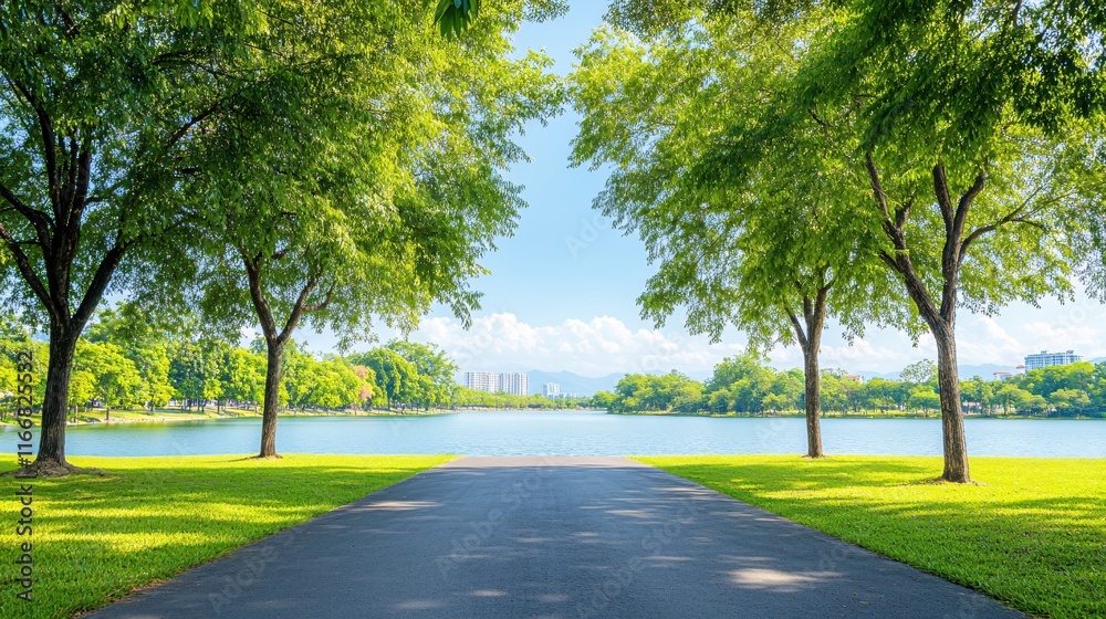 Fototapeta premium Serene Park Landscape with Lush Green Trees and Calm Water Reflections in Sunshine