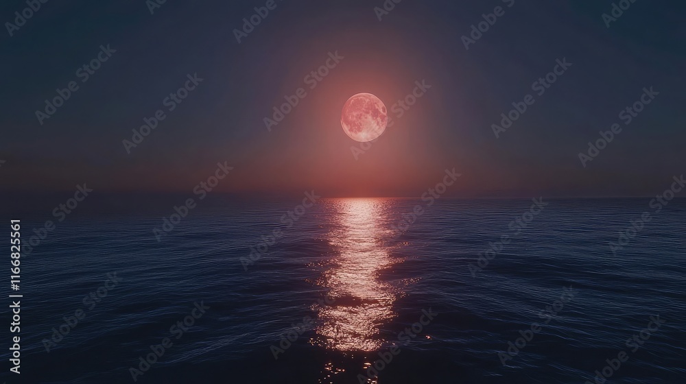 Hyper-realistic red moon shining over a tranquil ocean, its light shimmering in the calm waters below