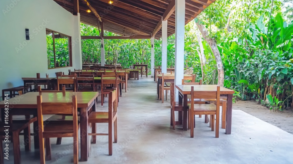 Fototapeta premium Inviting Rustic Dining Area Surrounded by Lush Greenery in Tropical Setting