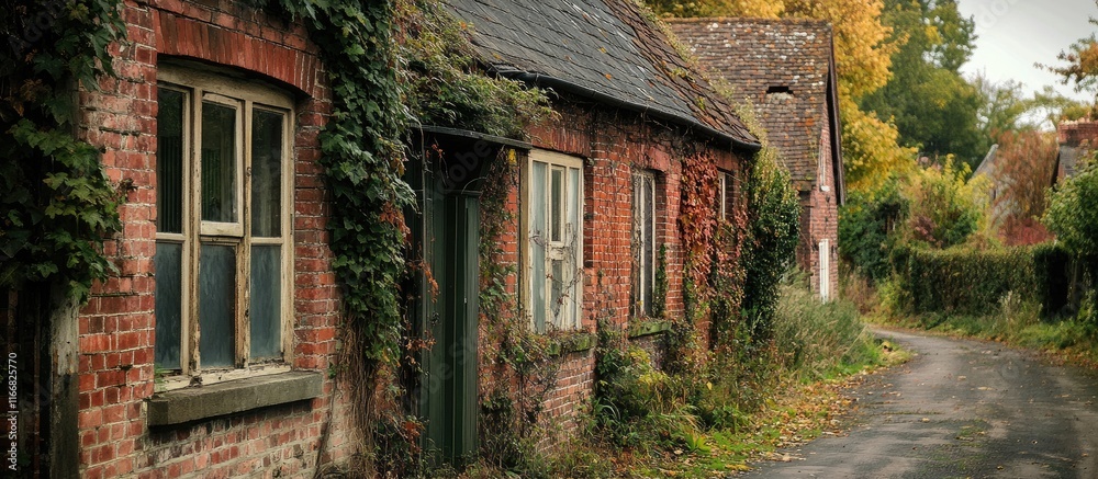 Fototapeta premium Decaying brick house with ivy in a serene historical village setting surrounded by trees and an inviting dirt path