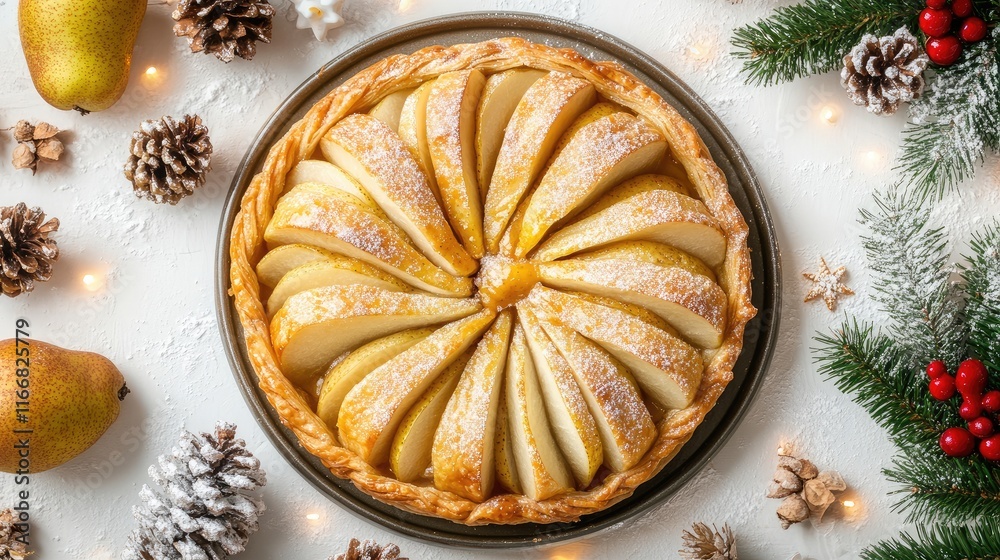 Festive Baked Pear Pastry on Light Background Surrounded by Holiday Decorations and Pinecones for Christmas Desserts Festive Baked Pear Pastry on Light Background Surrounded by Holiday Decorations and Pinecones for Christmas Desserts