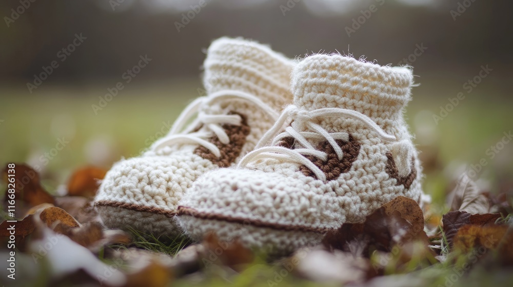 Obraz premium Crochet Baby Football Boots on Grass Surrounded by Autumn Leaves in Soft Natural Lighting