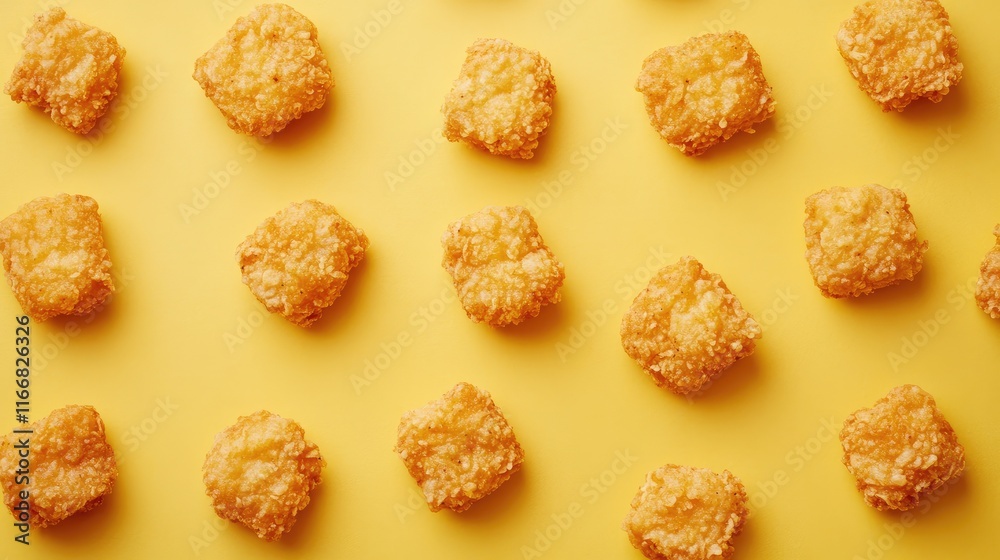 Crispy golden chicken nuggets arranged on a vibrant yellow background for a colorful culinary presentation Crispy golden chicken nuggets arranged on a vibrant yellow background for a colorful culinary presentation