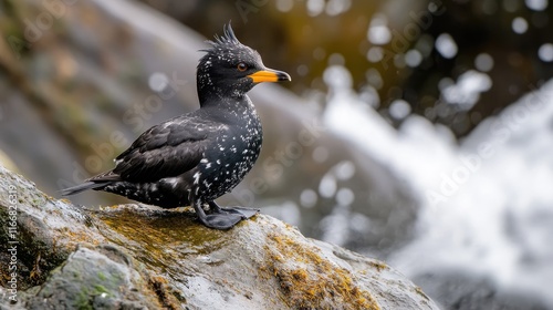 Crested Auklet Perched on Rocky Shoreline Against Flowing Water in a Coastal Landscape photo