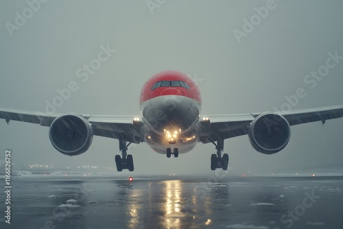 A Majestic Airliner Approaching a Snowy Runway in Foggy Conditions, Highlighting Aviation and Travel Amidst Challenging Weather Elements photo