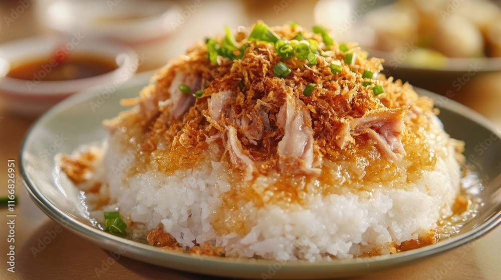 Crispy shredded pork topping over fragrant sticky rice garnished with green onions and savory sauce in an inviting setting Crispy shredded pork topping over fragrant sticky rice garnished with green onions and savory sauce in an inviting setting
