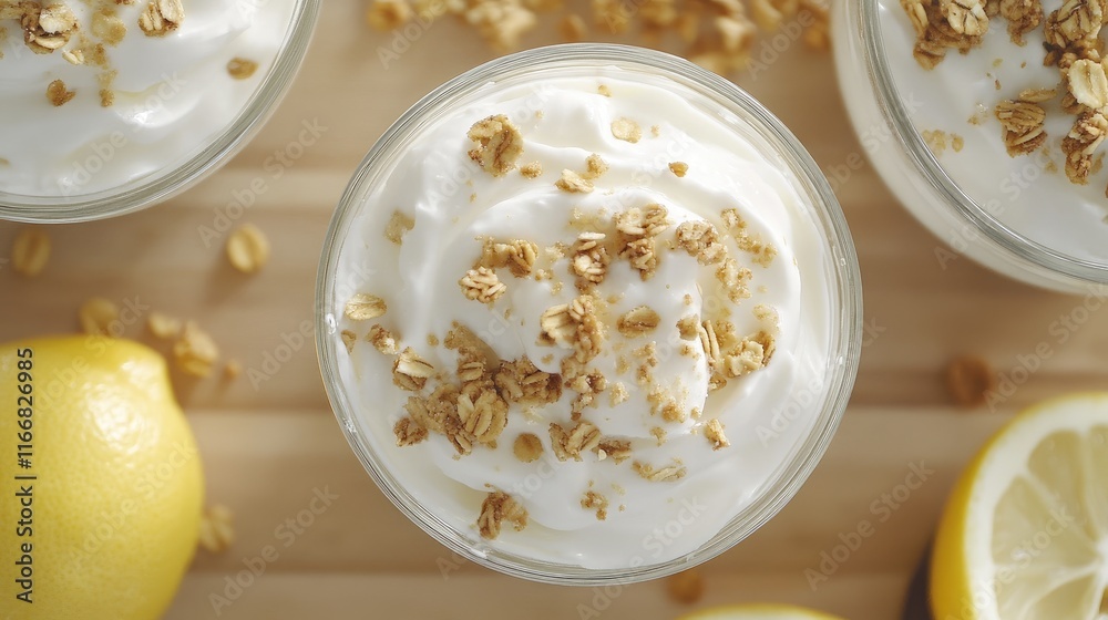 Lemon yogurt topped with granola in glass cups with fresh lemons on a wooden surface overhead view Lemon yogurt topped with granola in glass cups with fresh lemons on a wooden surface overhead view