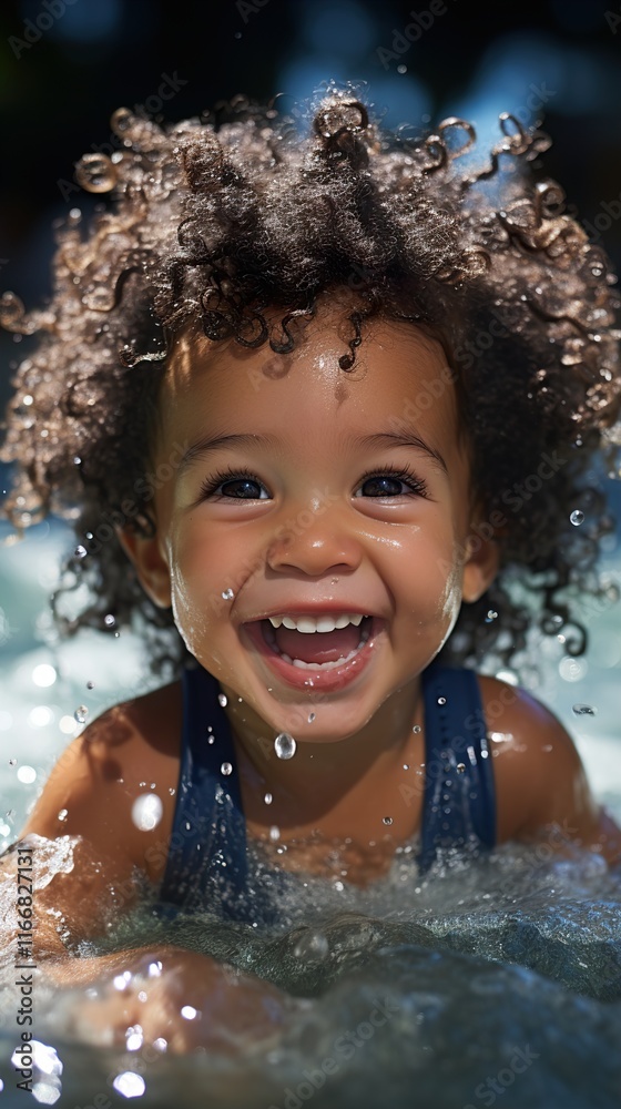 Obraz premium Happy young black toddler learning to swim in pool on summer vacation.