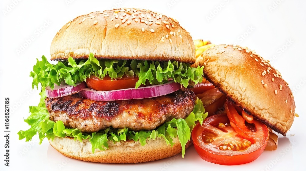 Crispy chicken burger with fresh lettuce and tomatoes on white background showcasing sesame seed buns and vibrant ingredients Crispy chicken burger with fresh lettuce and tomatoes on white background showcasing sesame seed buns and vibrant ingredients
