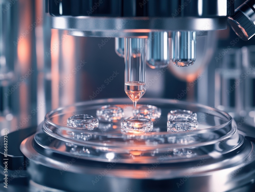 Close-up of a laboratory microscope focusing on a Petri dish with droplets of liquid, highlighting scientific research. Close-up of a laboratory microscope focusing on a Petri dish with droplets of liquid, highlighting scientific research.