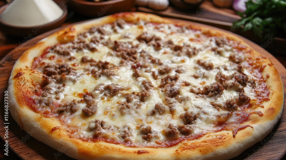 Savory pizza with melted cheese and flavorful toppings accompanied by fresh herbs and spices on a wooden surface
