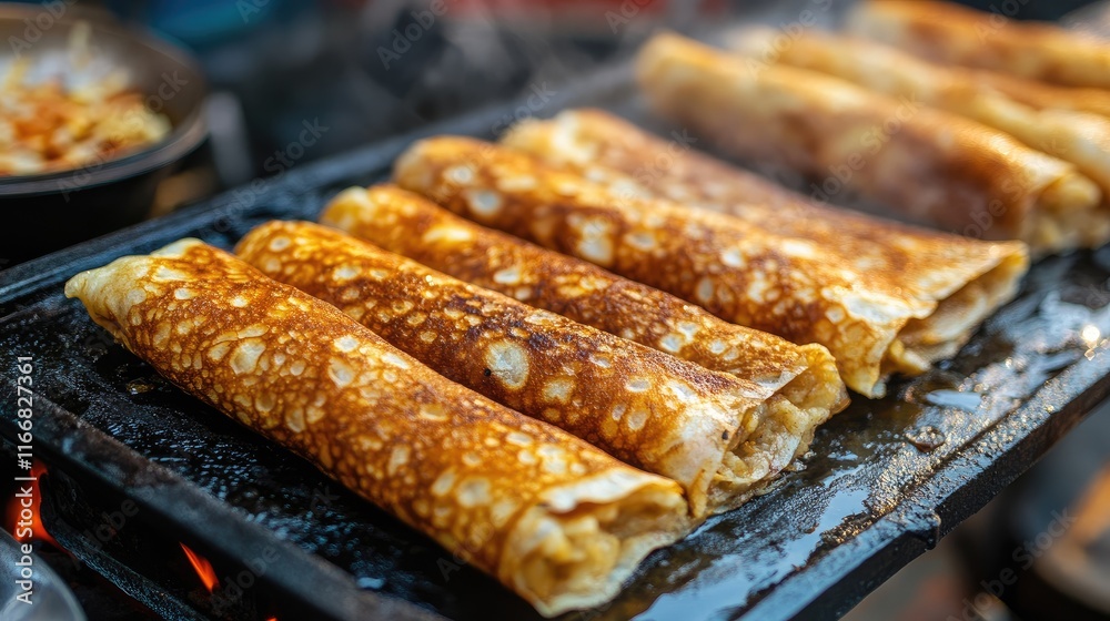 Crispy Vietnamese crepes sizzling on a grill at a vibrant street food market showcasing delicious culinary traditions Crispy Vietnamese crepes sizzling on a grill at a vibrant street food market showcasing delicious culinary traditions