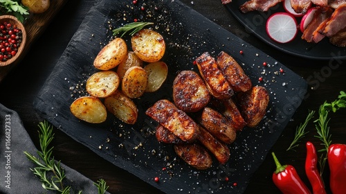 Wallpaper Mural Crispy Roasted Potatoes with Bacon and Fresh Vegetables on Slate Board Culinary Presentation Torontodigital.ca