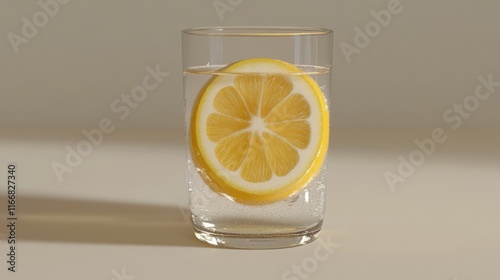Lemon Slice in Clear Water Glass Detailed Close-Up Refreshing Citrus Beverage Concept