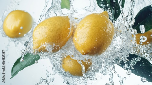 Fresh lemons splashing in water with green leaves on a white background creating a vibrant and zesty visual effect for culinary themes. photo