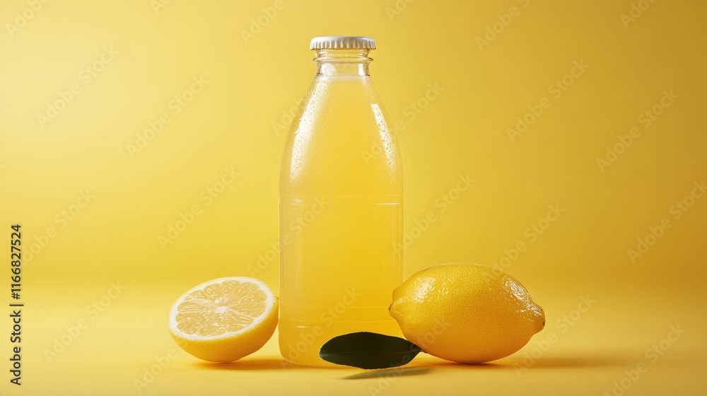Lemon juice bottle fresh lemons on vibrant yellow background showcasing healthy beverage and natural ingredients Lemon juice bottle fresh lemons on vibrant yellow background showcasing healthy beverage and natural ingredients