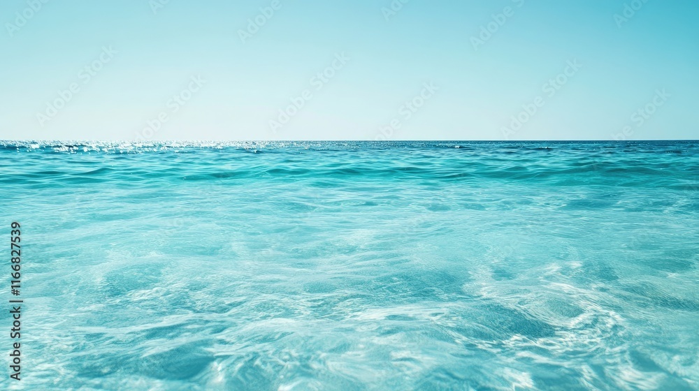 Obraz premium Vibrant turquoise ocean water with gentle waves reflecting sunlight against a serene clear sky in a minimalist composition