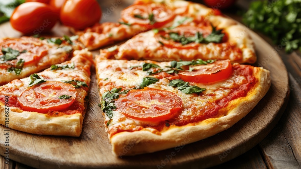 Freshly baked pizza topped with ripe tomatoes and basil on a wooden board showcasing Italian cuisine culinary delights Freshly baked pizza topped with ripe tomatoes and basil on a wooden board showcasing Italian cuisine culinary delights