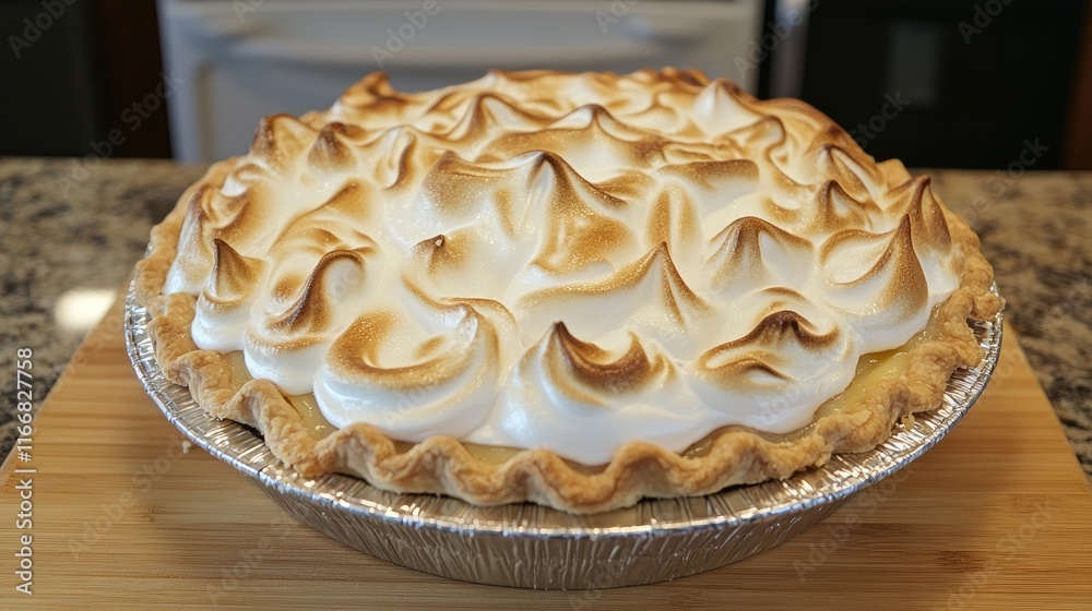Lemon meringue pie with golden peaks on a wooden cutting board in a kitchen setting Lemon meringue pie with golden peaks on a wooden cutting board in a kitchen setting