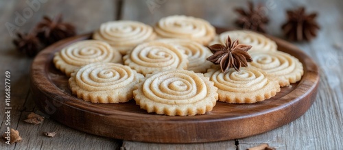 Cinnamon swirls on rustic wooden plate capturing the warmth of holiday gatherings and comforting baking moments photo