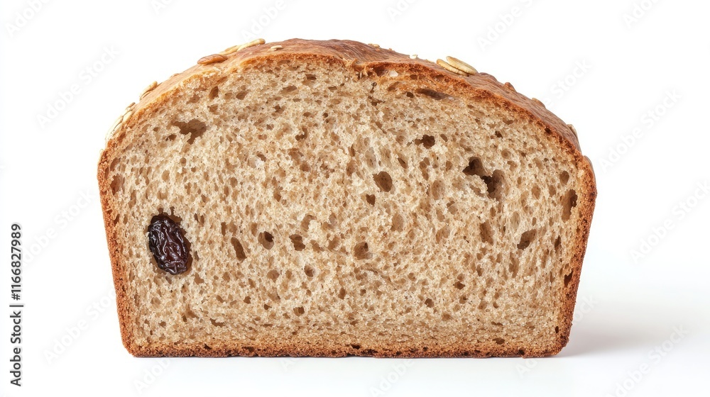Cross section of artisanal light brown bread showcasing nuts and raisins with a rustic homemade appearance on a clean background Cross section of artisanal light brown bread showcasing nuts and raisins with a rustic homemade appearance on a clean background