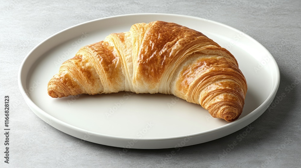 Golden crispy croissant elegantly presented on a white plate atop a modern gray concrete table showcasing a minimalist food aesthetic Golden crispy croissant elegantly presented on a white plate atop a modern gray concrete table showcasing a minimalist food aesthetic