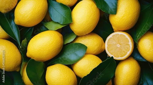 Fresh lemon pattern with green leaves for vibrant design backgrounds and banners in food and beverage themes. photo