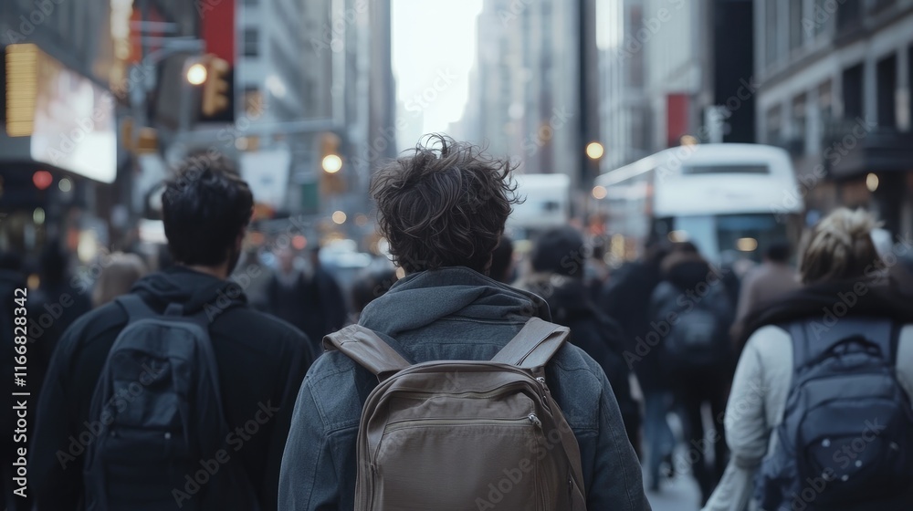 Crowd of commuters walking through busy city streets capturing urban life and movement from a rear perspective Crowd of commuters walking through busy city streets capturing urban life and movement from a rear perspective