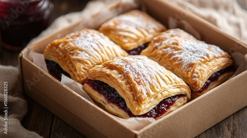 Freshly baked pastries with strawberry jam elegantly arranged in a rustic box on a wooden table. Perfect for dessert lovers.