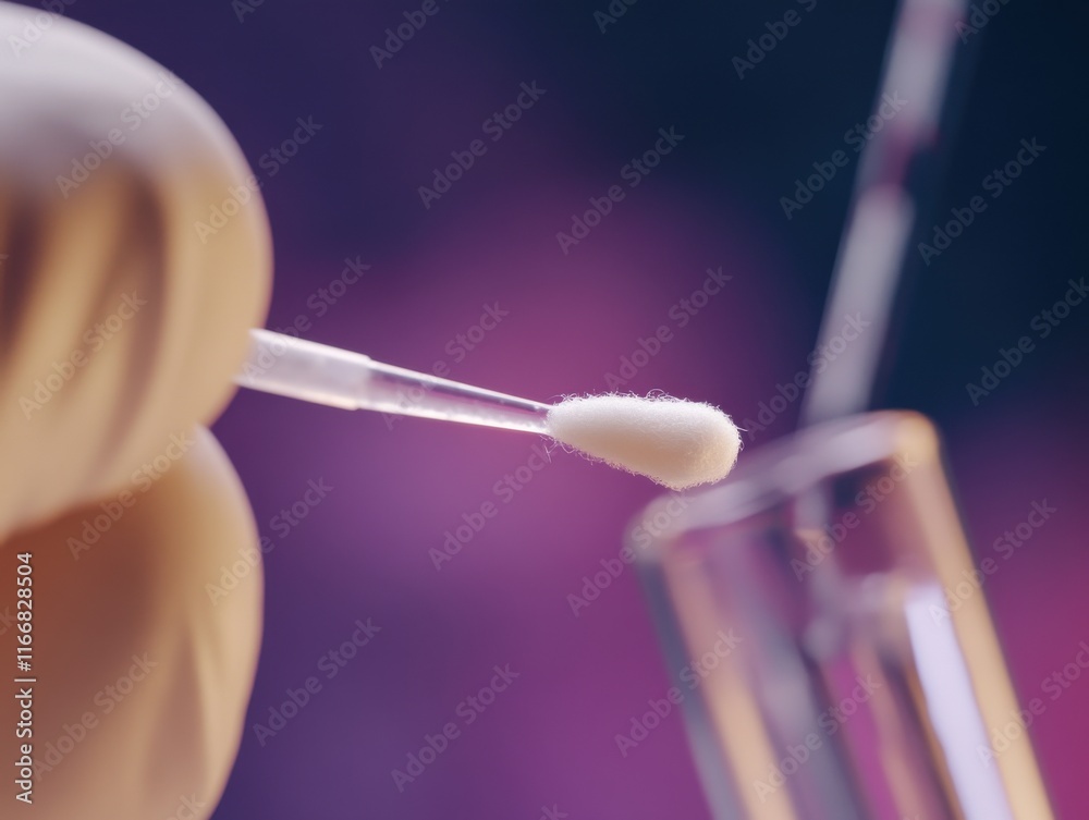 A close-up of a gloved hand holding a cotton swab above a test tube in a colorful lab setting.
