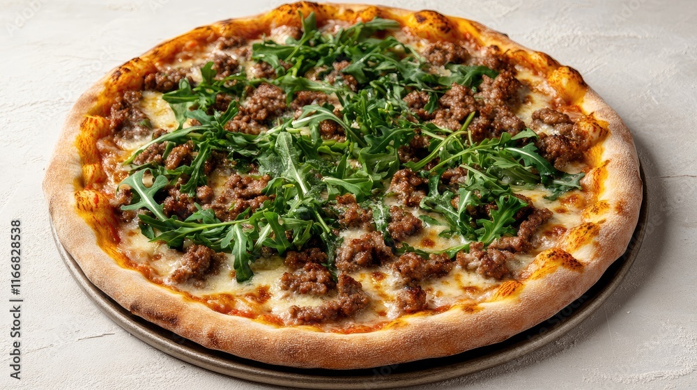 Savory pizza topped with sausage and fresh arugula on a neutral background for appetizing culinary imagery Savory pizza topped with sausage and fresh arugula on a neutral background for appetizing culinary imagery