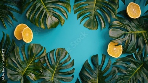 Lemon slices and tropical leaves on bright blue background creating a vibrant summer flat lay design photo