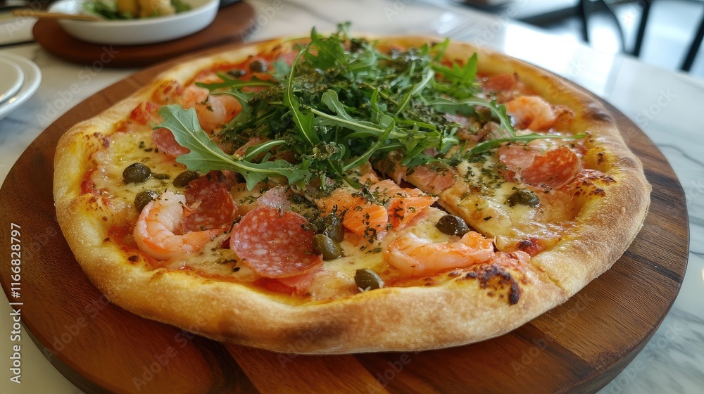 Gourmet pizza topped with salmon salami shrimp olives capers and fresh arugula served on a rustic wooden board Gourmet pizza topped with salmon salami shrimp olives capers and fresh arugula served on a rustic wooden board