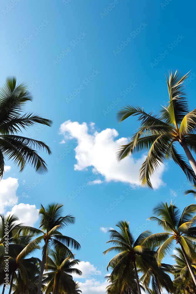 Obraz premium A beautiful view of tall palm trees against a bright blue sky with fluffy white clouds. The scene evokes a tropical paradise, perfect for relaxation and vacation vibes.