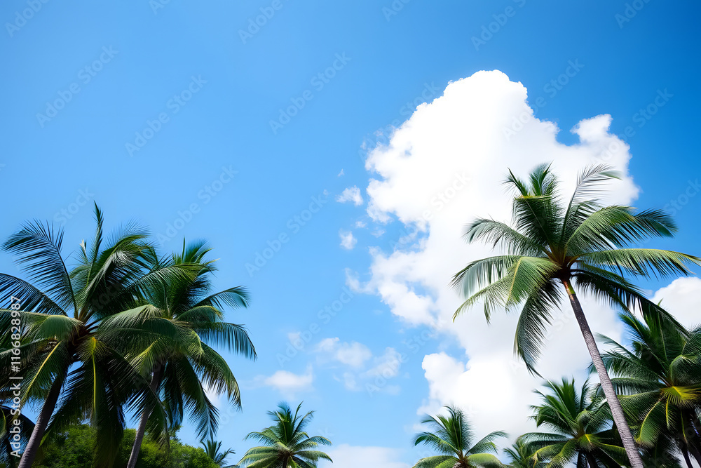 A beautiful view of tall palm trees against a bright blue sky with fluffy white clouds. The scene evokes a tropical paradise, perfect for relaxation and vacation vibes. A beautiful view of tall palm trees against a bright blue sky with fluffy white clouds. The scene evokes a tropical paradise, perfect for relaxation and vacation vibes.