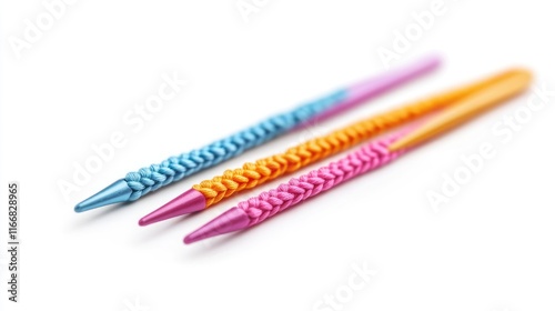 Colorful crochet hooks isolated on a white background for crafting and knitting activities. photo