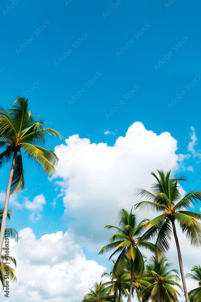 Obraz premium A beautiful view of tall palm trees against a bright blue sky with fluffy white clouds. The scene evokes a tropical paradise, perfect for relaxation and vacation vibes.